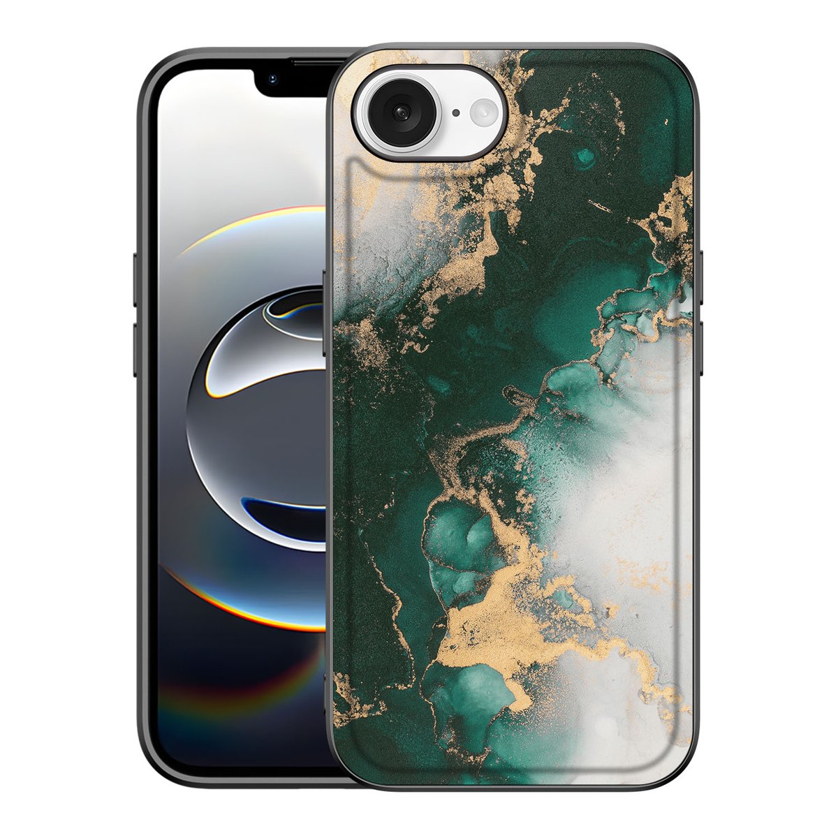 Marmeren Print Telefoonhoesje voor iPhone 16e Marmer Groen met groen en gouden marmerdesign.