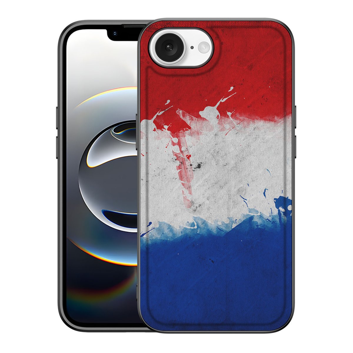 iPhone 16e Silicone Case Nederland met vlaggenprint, zwart randje, TPU materiaal voor optimale bescherming.