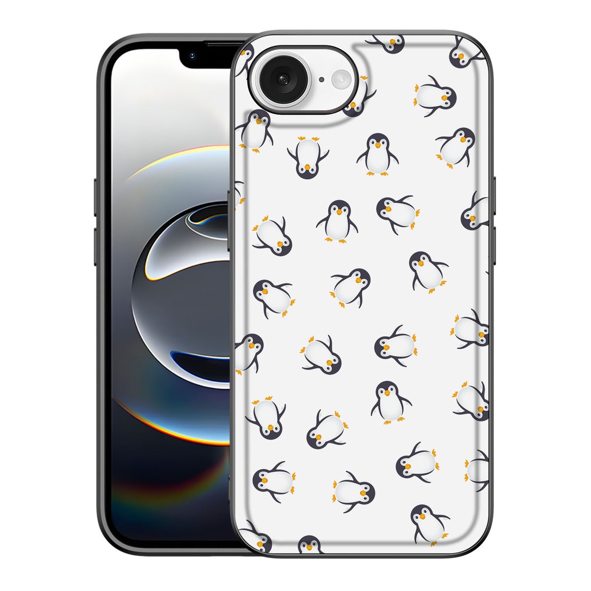 Back Case voor iPhone 16e Pinguïn met schattige pinguïnpatroon op lichte achtergrond.