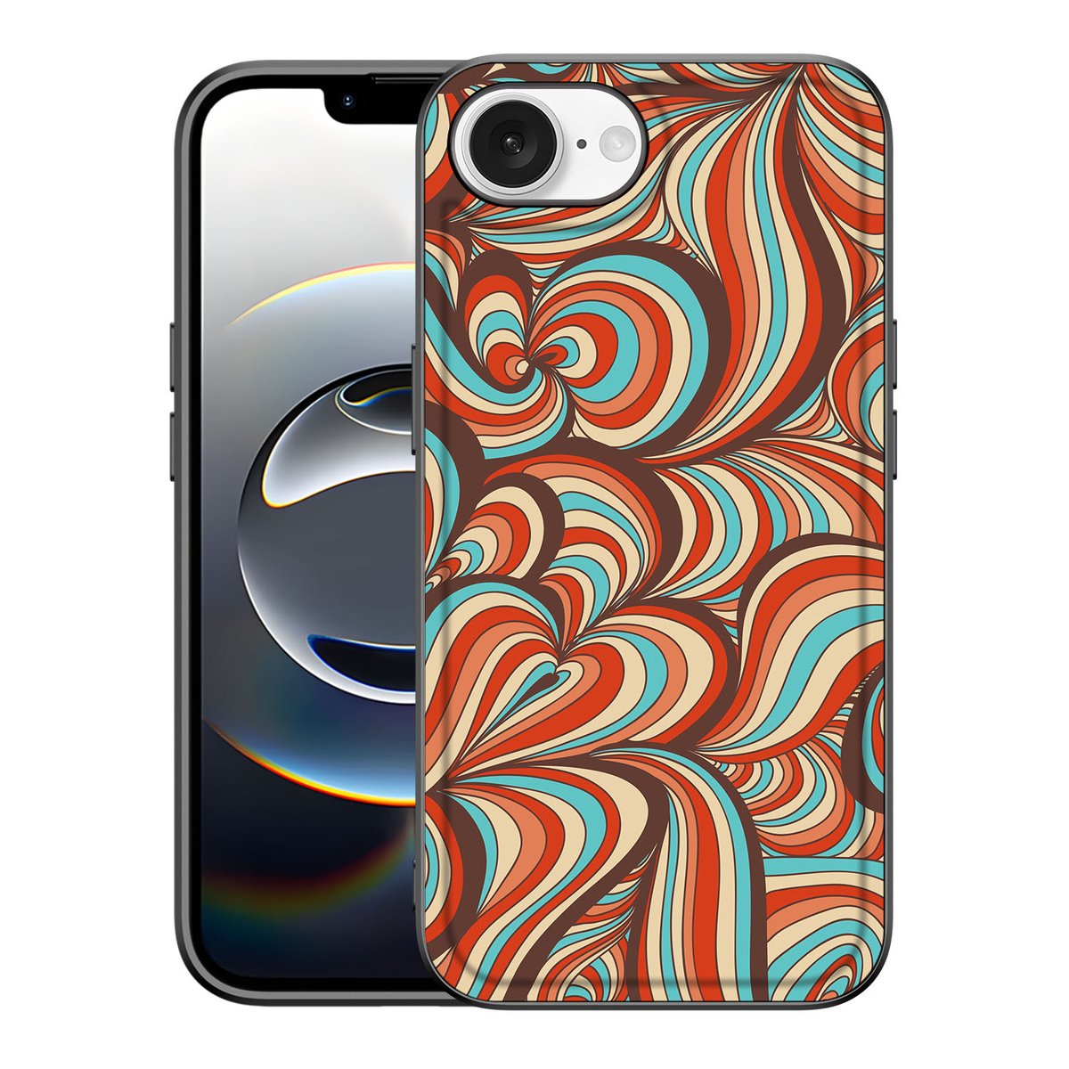 iPhone 16e Leuk Telefoonhoesje Retro met kleurrijke vormen print en zwarte randen voor optimale bescherming