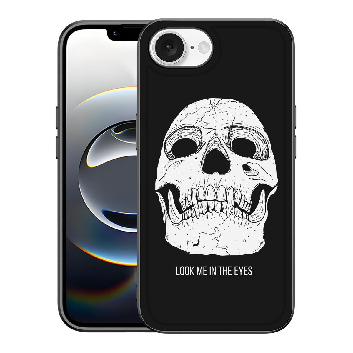 Telefoonhoesje iPhone 16e Skull Eyes met skull design en zwarte randen voor optimale bescherming en stijl.