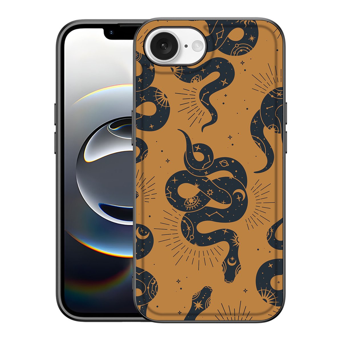 Dierenprint Telefoonhoesje voor iPhone 16e Snakes met uniek slangenpatroon op een bruin achtergrond.