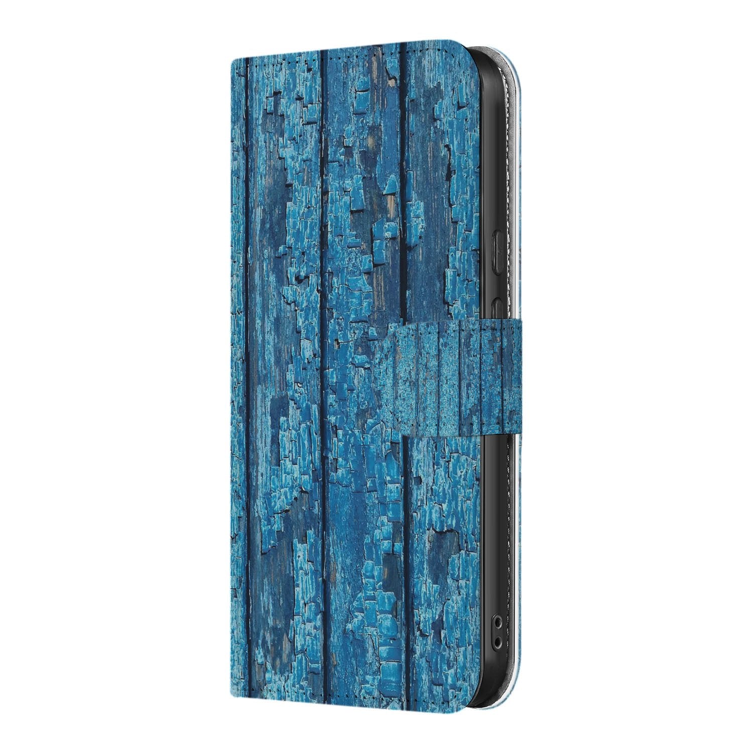 Google Pixel 10 Pro XL Afgebladderd Blauw Hout Portemonnee Hoesje Book Case Zijkant