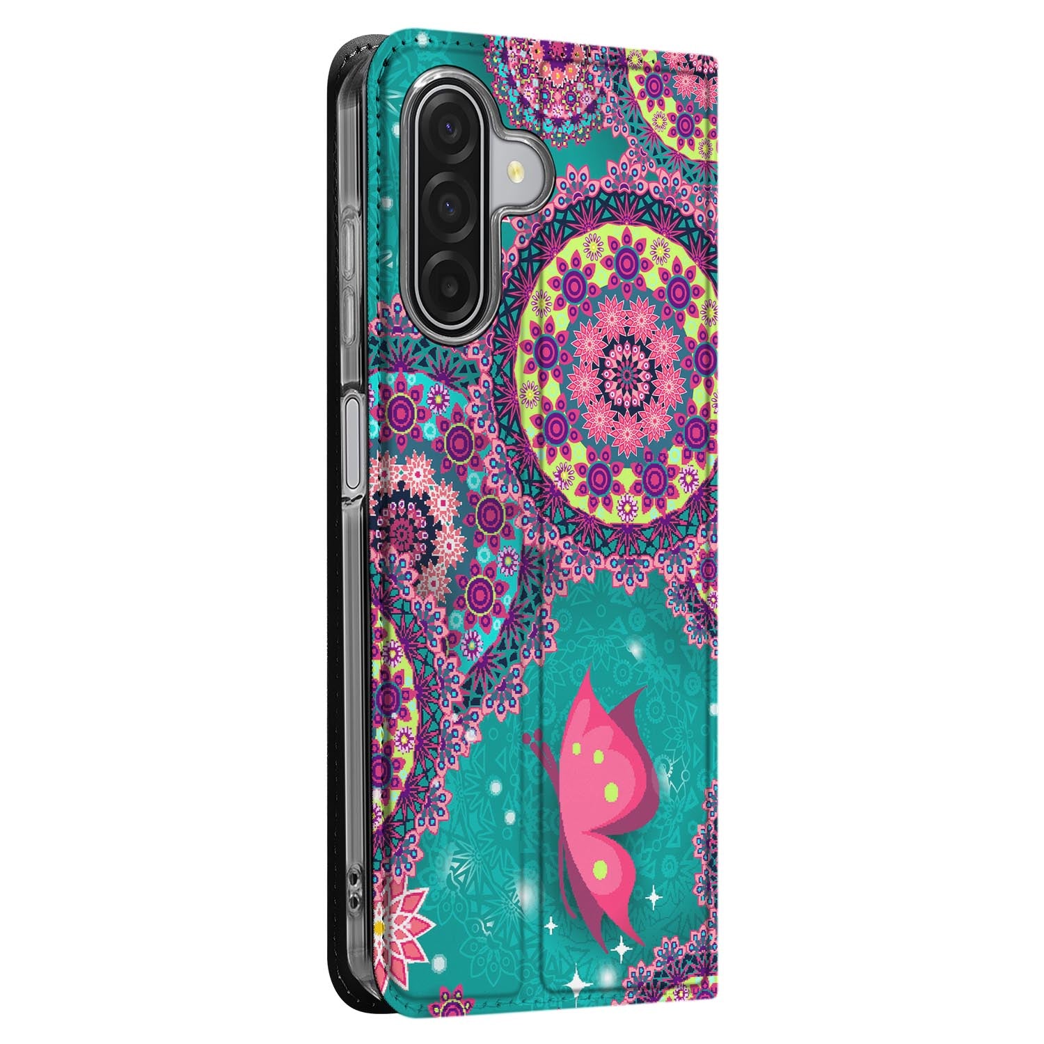 Samsung Galaxy A17 Stand Case Hoesje Cirkels en Vlinders zijaanzicht