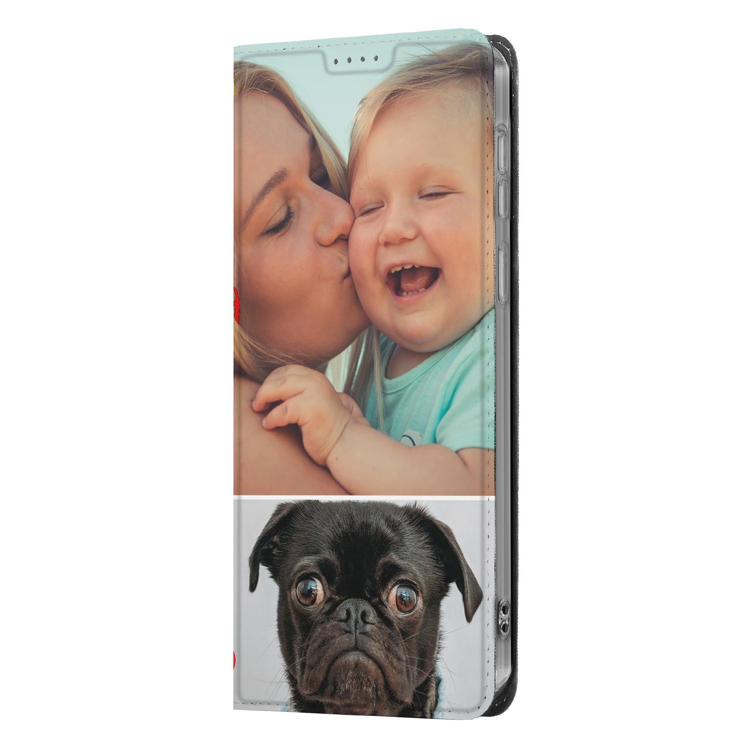 Samsung Galaxy A57 Stand Case Hoesje Maken met Foto | Slim & Persoonlijk - Vooraanzicht met familiefoto en hondenafbeelding.