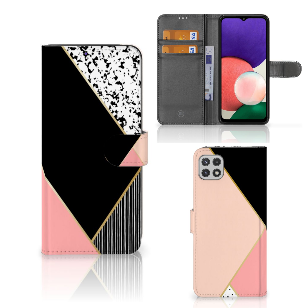 Samsung Galaxy A22 5G Book Case Zwart Roze Vormen