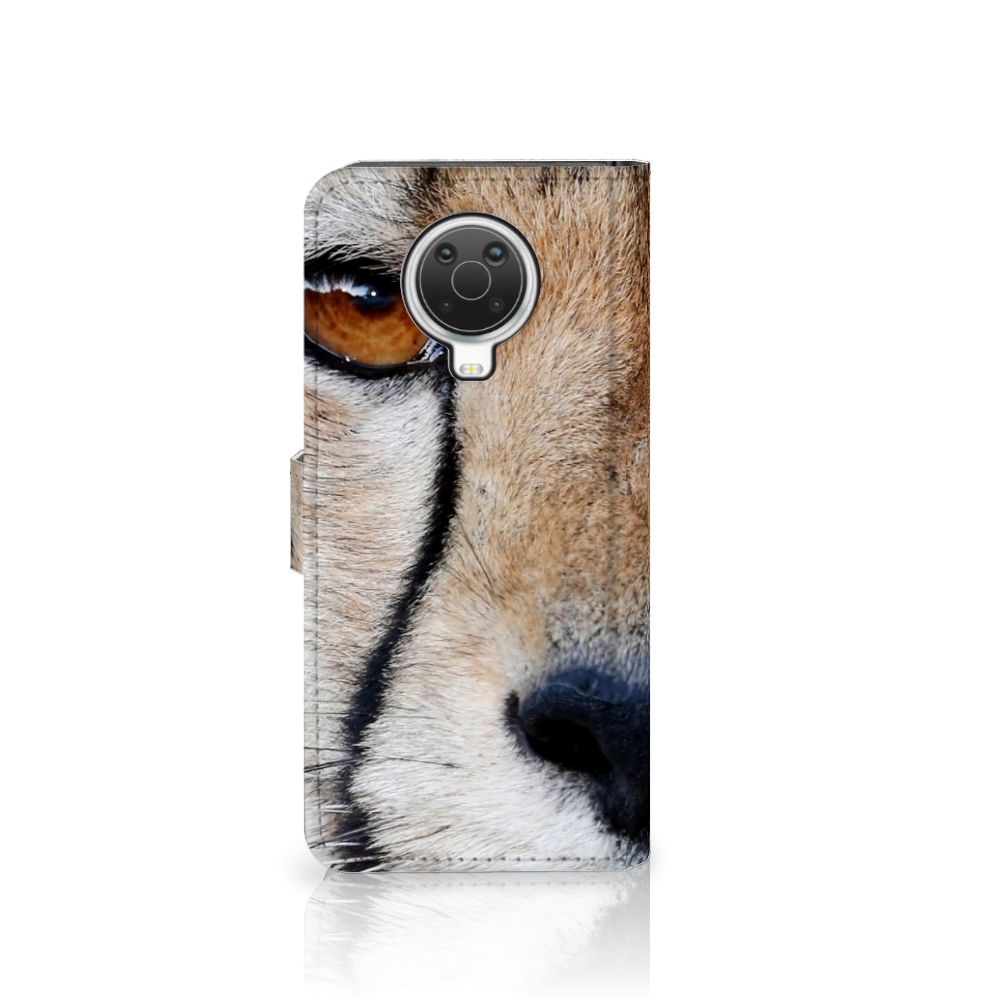 Nokia G10 | G20 Telefoonhoesje met Pasjes Cheetah met close-up afbeelding van de cheeta's gezicht.