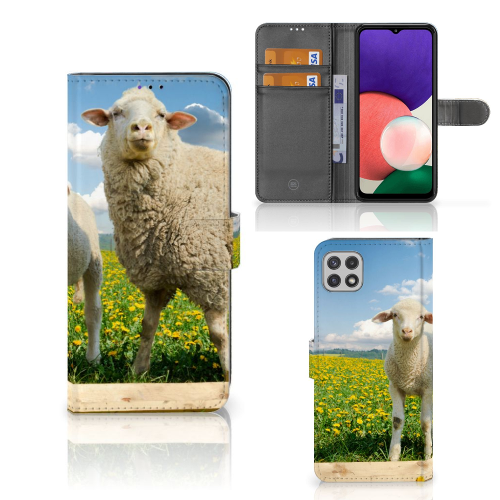 Samsung Galaxy A22 5G Telefoonhoesje met Pasjes Schaap en Lammetje