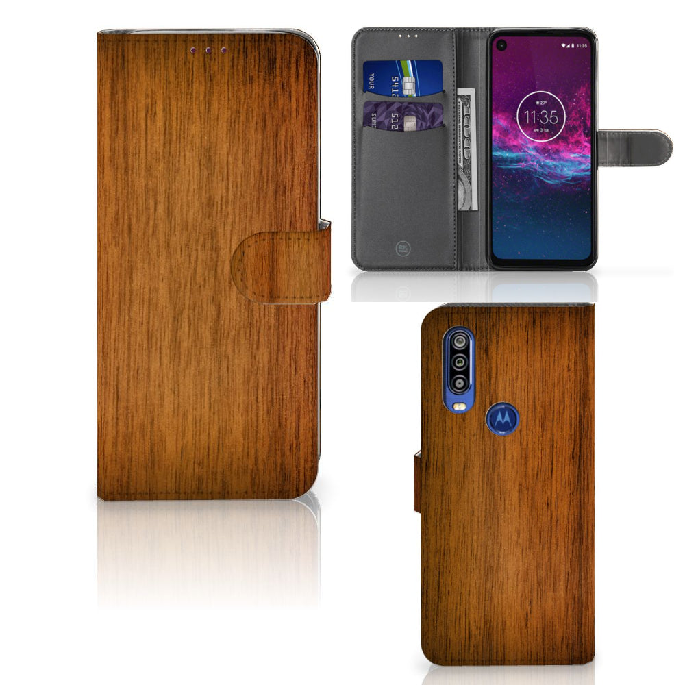 Motorola One Action Book Style Case Donker Hout