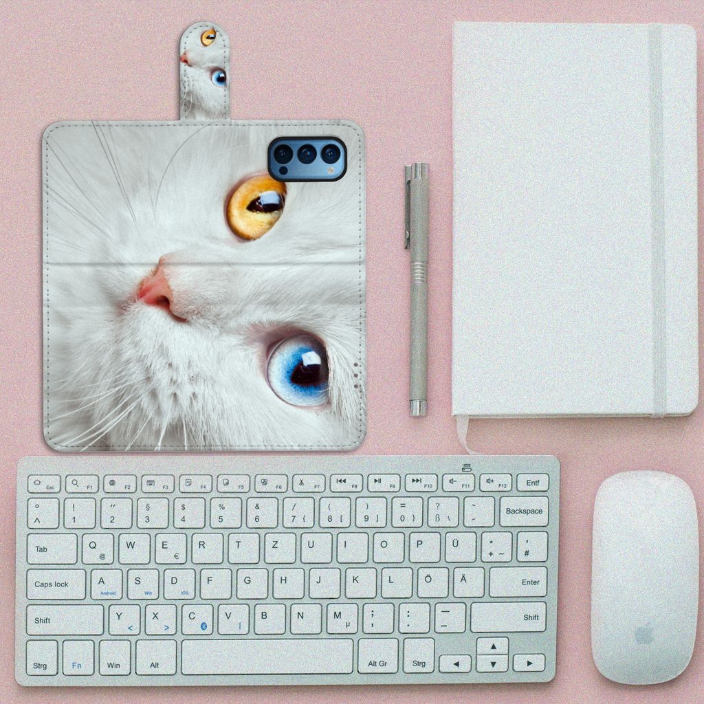OPPO Reno 4 Pro 5G Telefoonhoesje met Pasjes Witte Kat