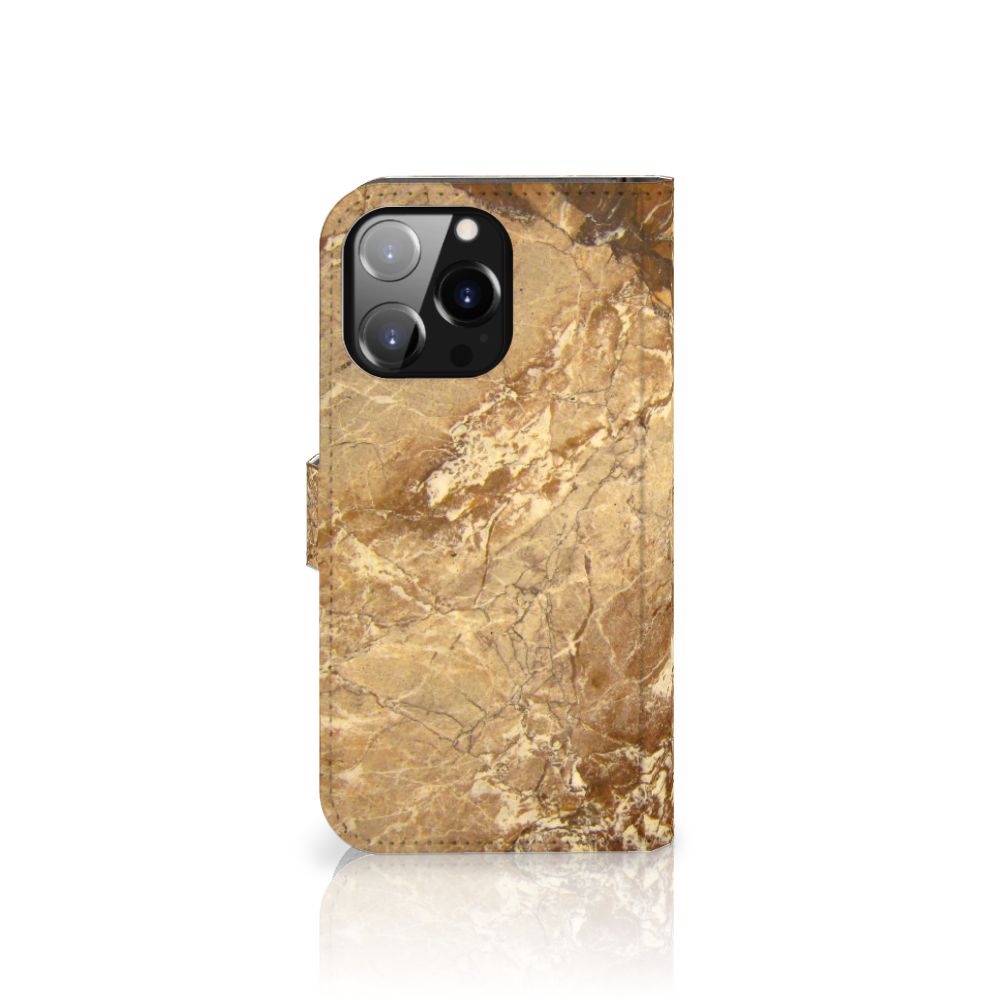 iPhone 14 Pro Max Bookcase Marmer Creme met luxe marmer design en stevige bescherming voor je telefoon.