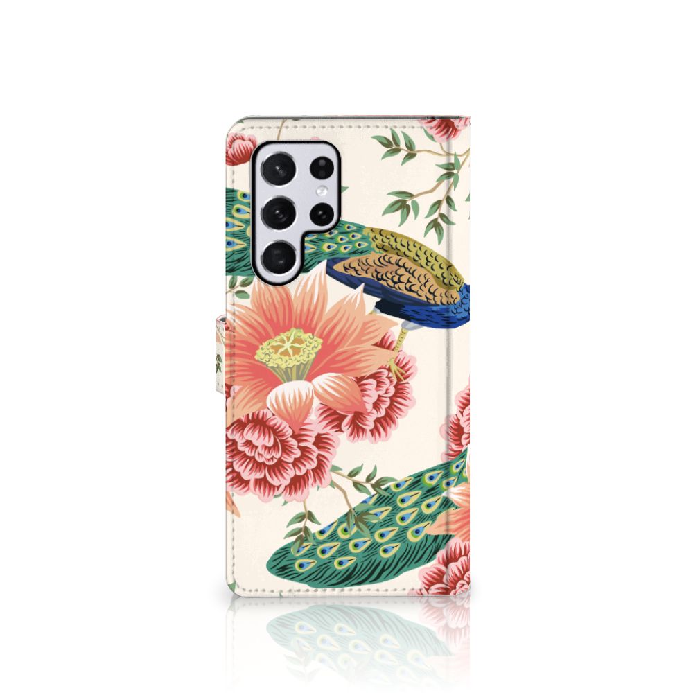 Telefoonhoesje met Pasjes voor Samsung Galaxy S22 Ultra Pink Peacock