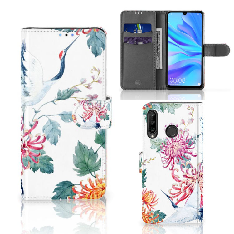 Huawei P30 Lite (2020) Telefoonhoesje met Pasjes Bird Flowers