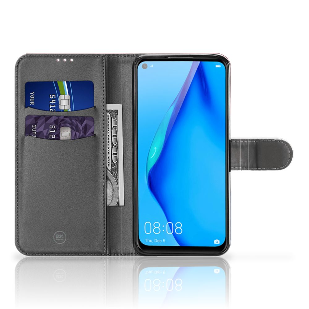 Huawei P40 Lite Bookstyle Case Nederlandse Vlag open, met pasjes en geld zichtbaar, stijlvolle bescherming voor jouw telefoon.