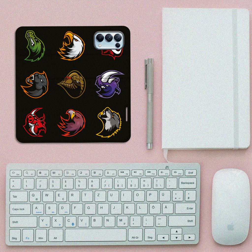 OPPO Find X3 Lite Magnet Case Cartoon met kleurrijke cartoonafbeeldingen en een toetsenbord op de achtergrond.