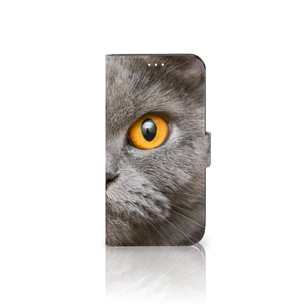 Telefoonhoesje met Pasjes Samsung Galaxy S23 Britse Korthaar, met afbeelding van grijze kat met gele ogen.