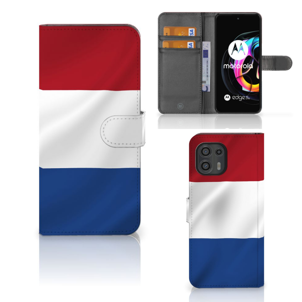 Motorola Edge 20 Lite Bookstyle Case Nederlandse Vlag met pasjes en artistiek ontwerp van de Nederlandse vlag.