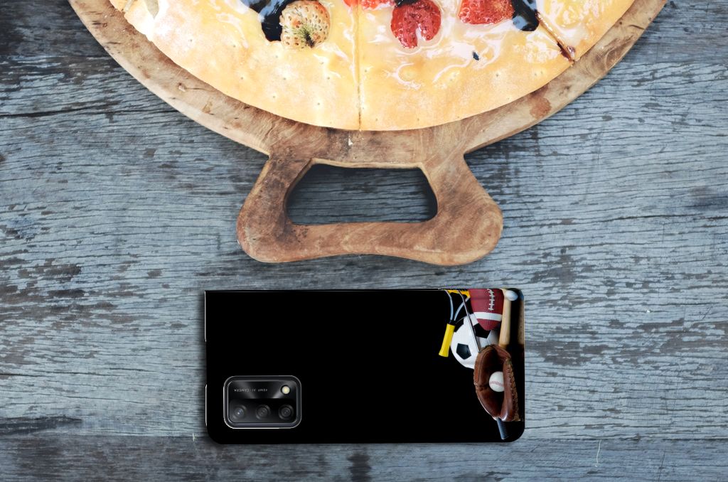 OPPO A74 4G Hippe Standcase Sports with sports prints next to a delicious pizza on a wooden surface.