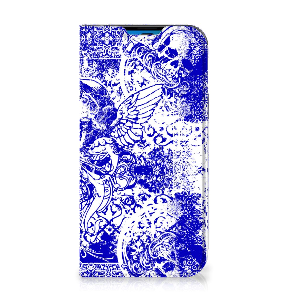 Mobiel BookCase iPhone 14 Pro Angel Skull Blauw met donkerblauw patroon en schedels 💀.