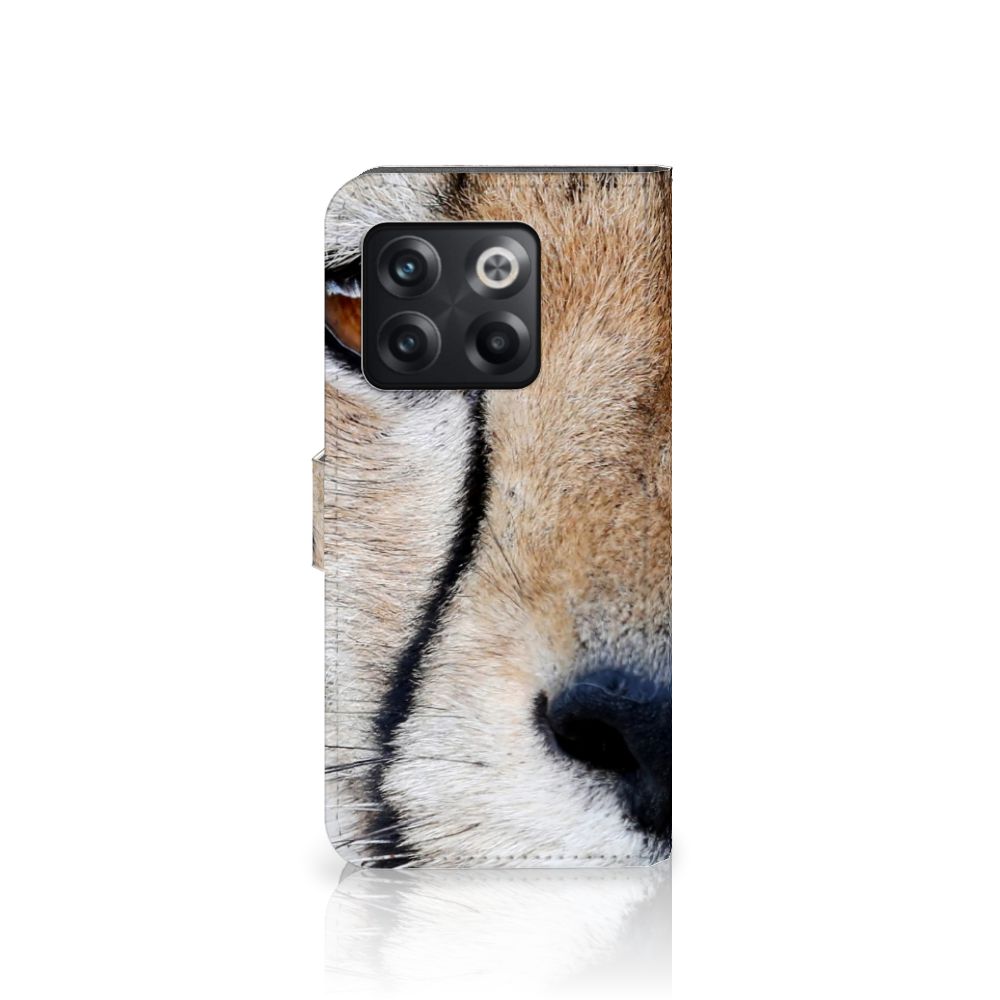 OnePlus 10T Telefoonhoesje met Pasjes Cheetah close-up afbeelding met cheeta gezicht