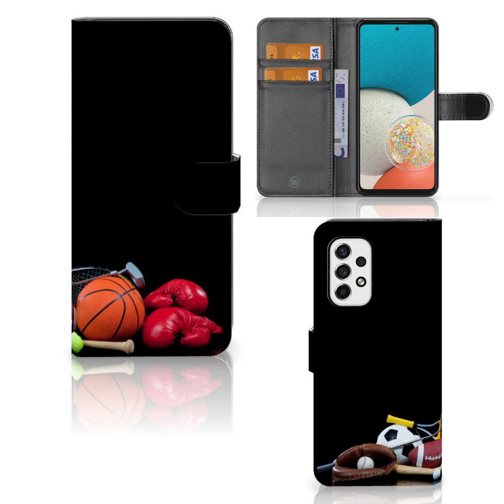 Samsung Galaxy A53 Wallet Case met Pasjes Sports met sportaccessoires zoals basketbal en bokshandschoenen.