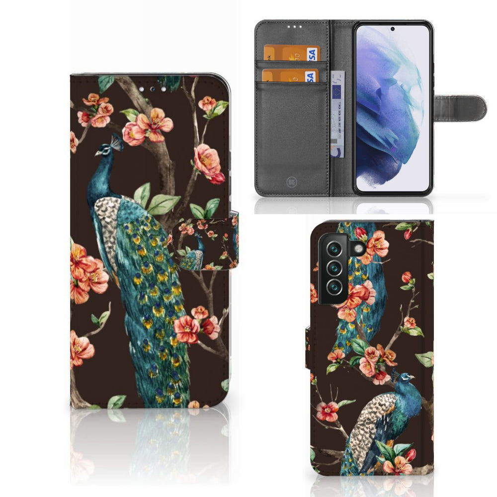 Samsung Galaxy S22 Plus Telefoonhoesje met Pasjes Pauw met Bloemen