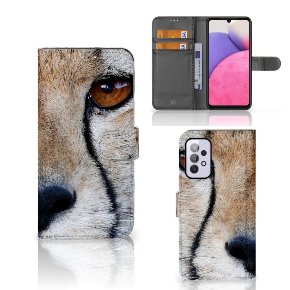 Samsung Galaxy A33 5G Telefoonhoesje met Pasjes Cheetah close-up van cheeta oog en pasjes ruimte