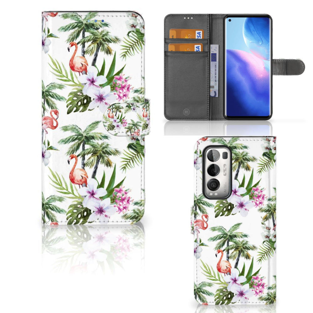 OPPO Find X3 Neo 5G Telefoonhoesje met Pasjes Flamingo Palms