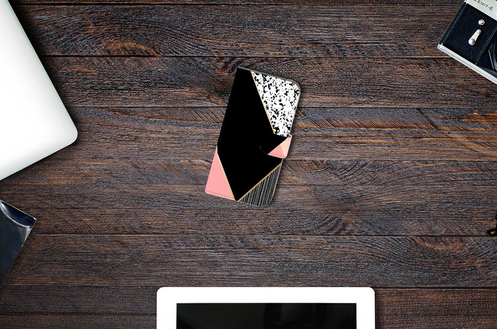 iPhone 14 Pro Book Case Zwart Roze Vormen