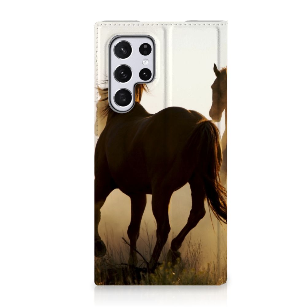 Samsung Galaxy S22 Ultra Hoesje maken Design Cowboy met paardenprint in zonsondergang.
