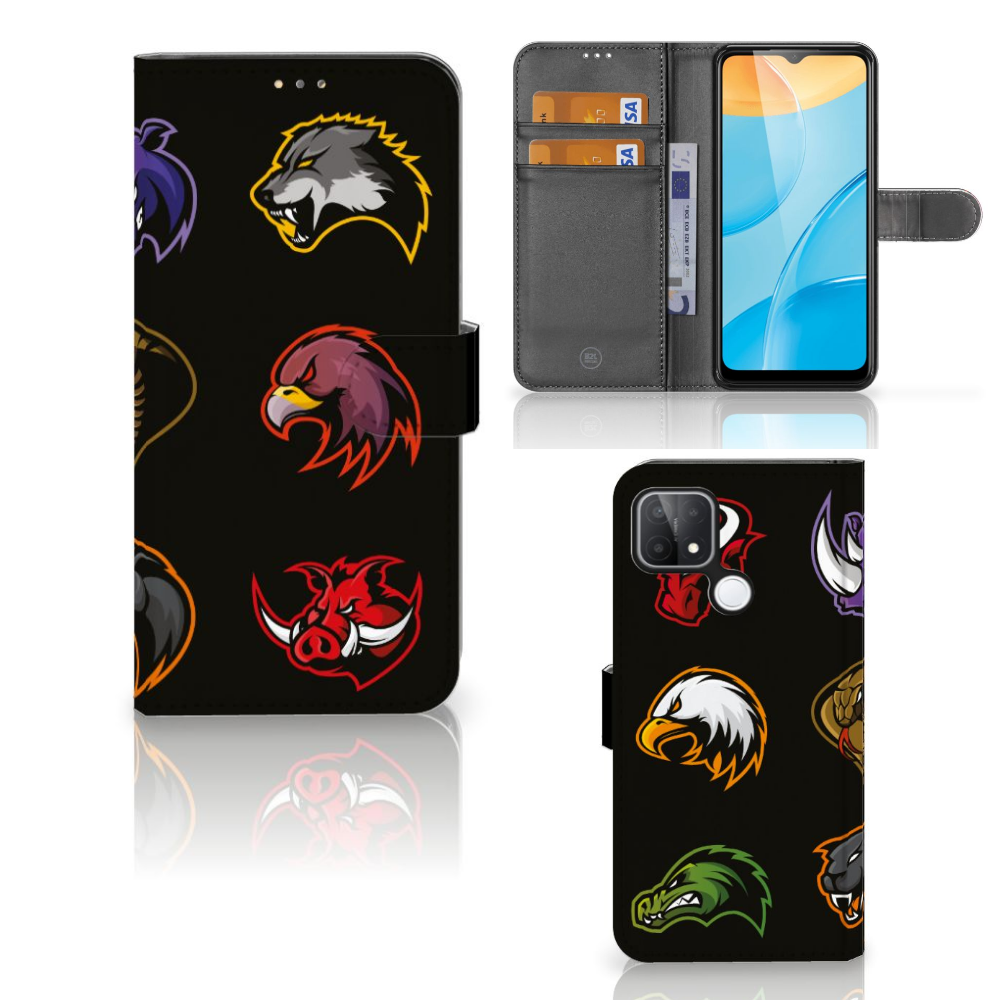 OPPO A15 Leuk Hoesje Cartoon met kleurrijke dierenprints op een zwart design.