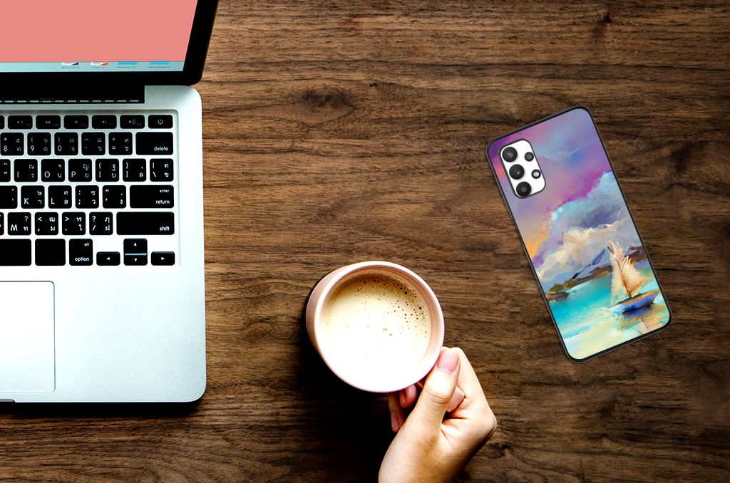 Samsung Galaxy A32 5G Kleurrijke Telefoonhoesje Watercoloring boot aanzicht