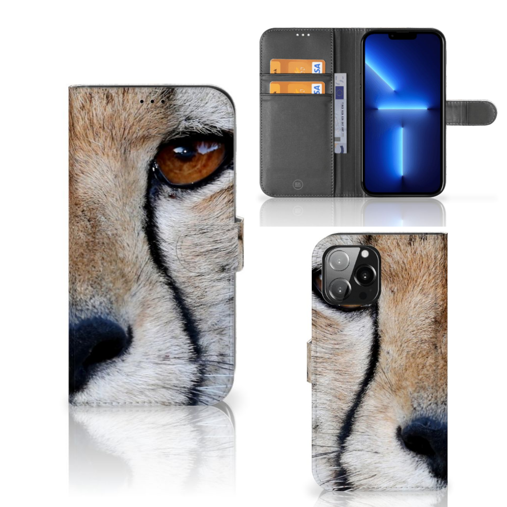 iPhone 13 Pro Max Telefoonhoesje met Pasjes Cheetah met close-up van cheeta en pasjes ruimte