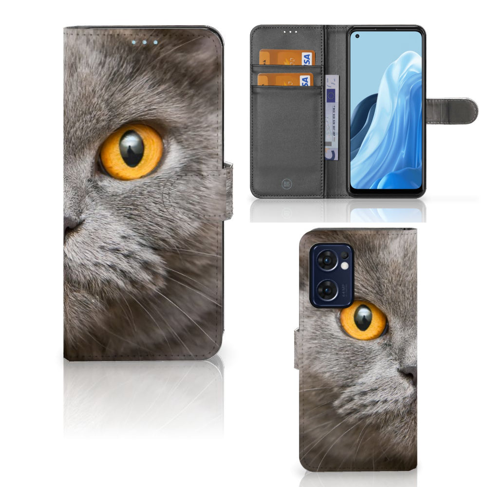 Telefoonhoesje met Pasjes OPPO Find X5 Lite | Reno 7 5G Britse Korthaar met grote gele ogen