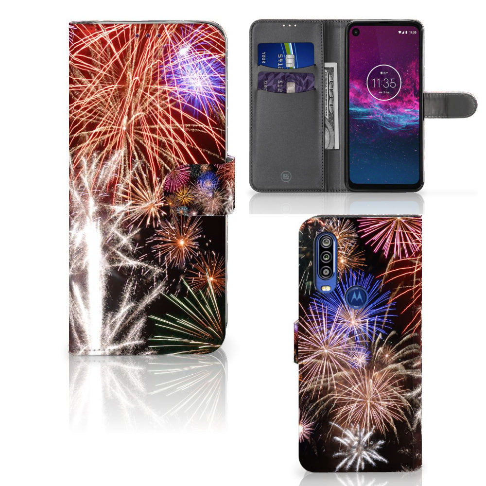 Motorola One Action Wallet Case met Pasjes Vuurwerk