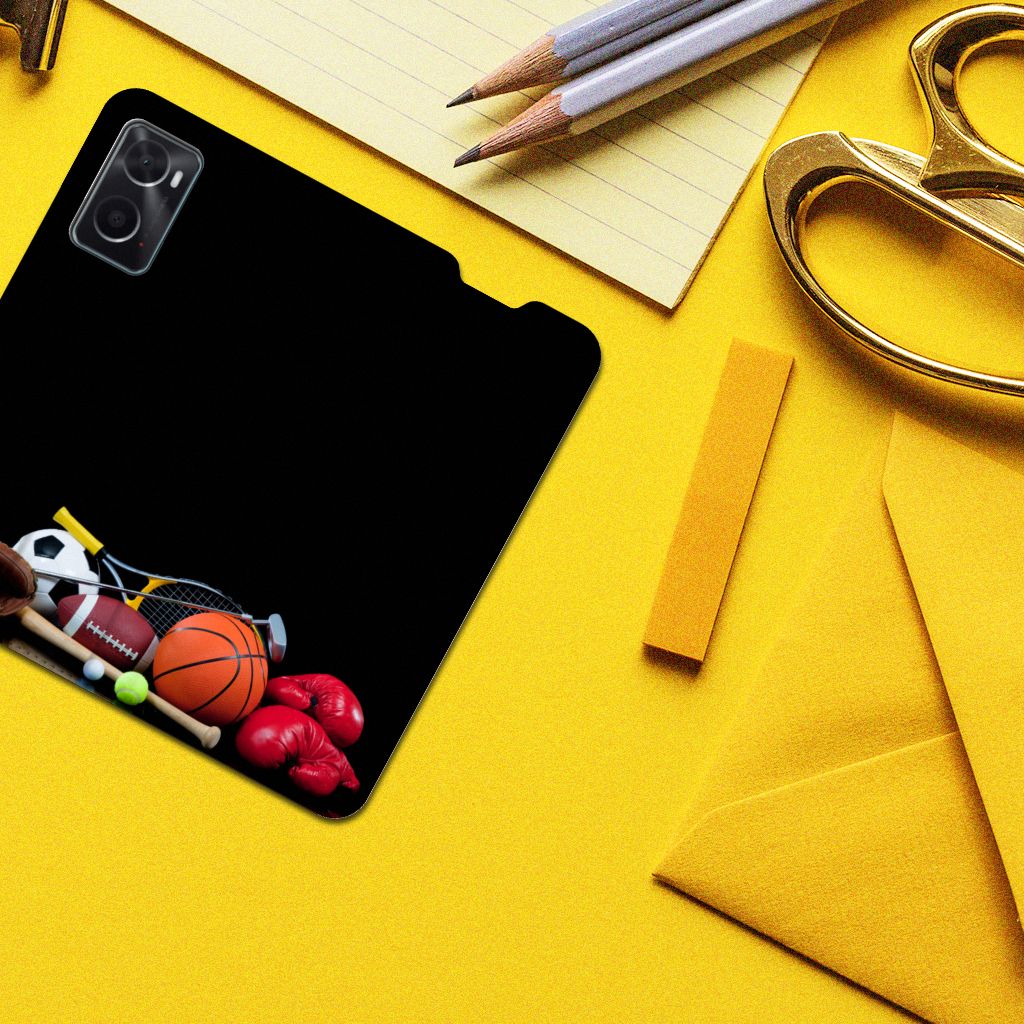 OPPO A96 | A76 Hippe Standcase Sports with sports equipment design, basketball, football, and boxing gloves.