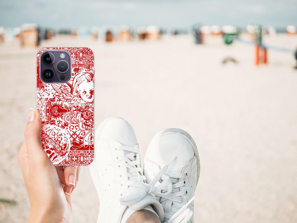 Silicone Back Case Apple iPhone 14 Pro Angel Skull Rood met een mysterieus bandana patroon, handgemaakt en stijlvol.