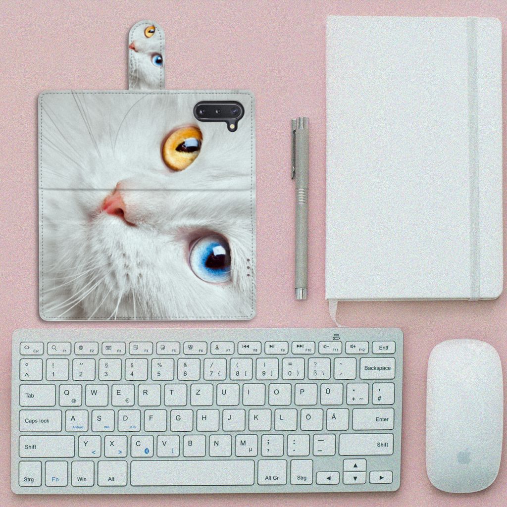 Samsung Galaxy Note 10 Telefoonhoesje met Pasjes Witte Kat