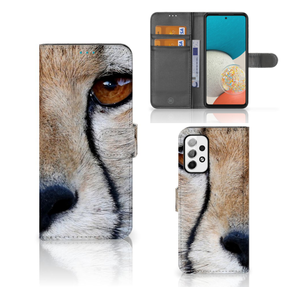 Samsung Galaxy A73 5G Telefoonhoesje met Pasjes Cheetah met close-up van cheeta en ruimte voor pasjes.