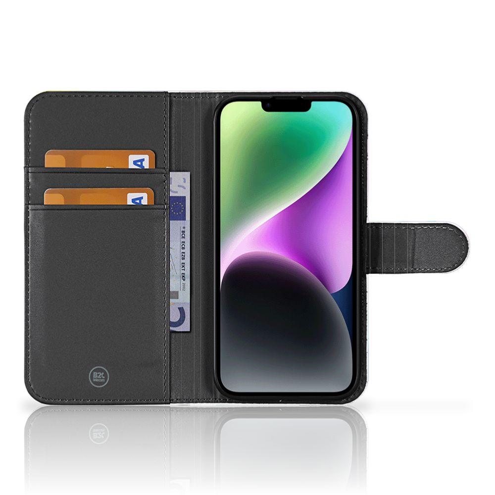 Hoesje iPhone 15 Watercolor Light met pasjeshouder en kleurrijk ontwerp voor unieke uitstraling.