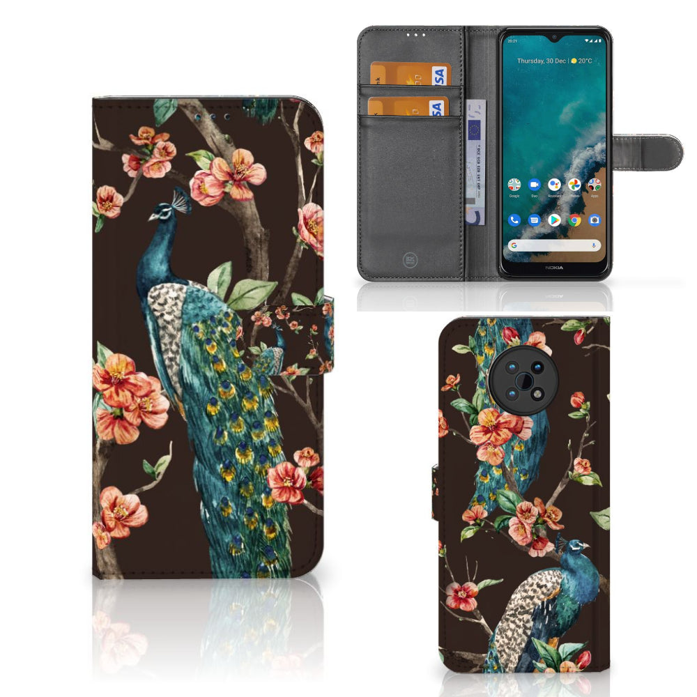 Nokia G50 Telefoonhoesje met Pasjes Pauw met Bloemen