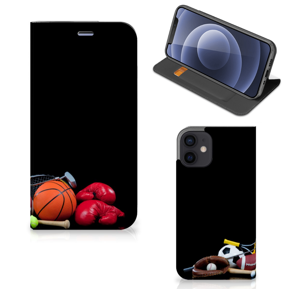 iPhone 12 Mini Hippe Standcase Sports with sports equipment design including basketball and boxing gloves.