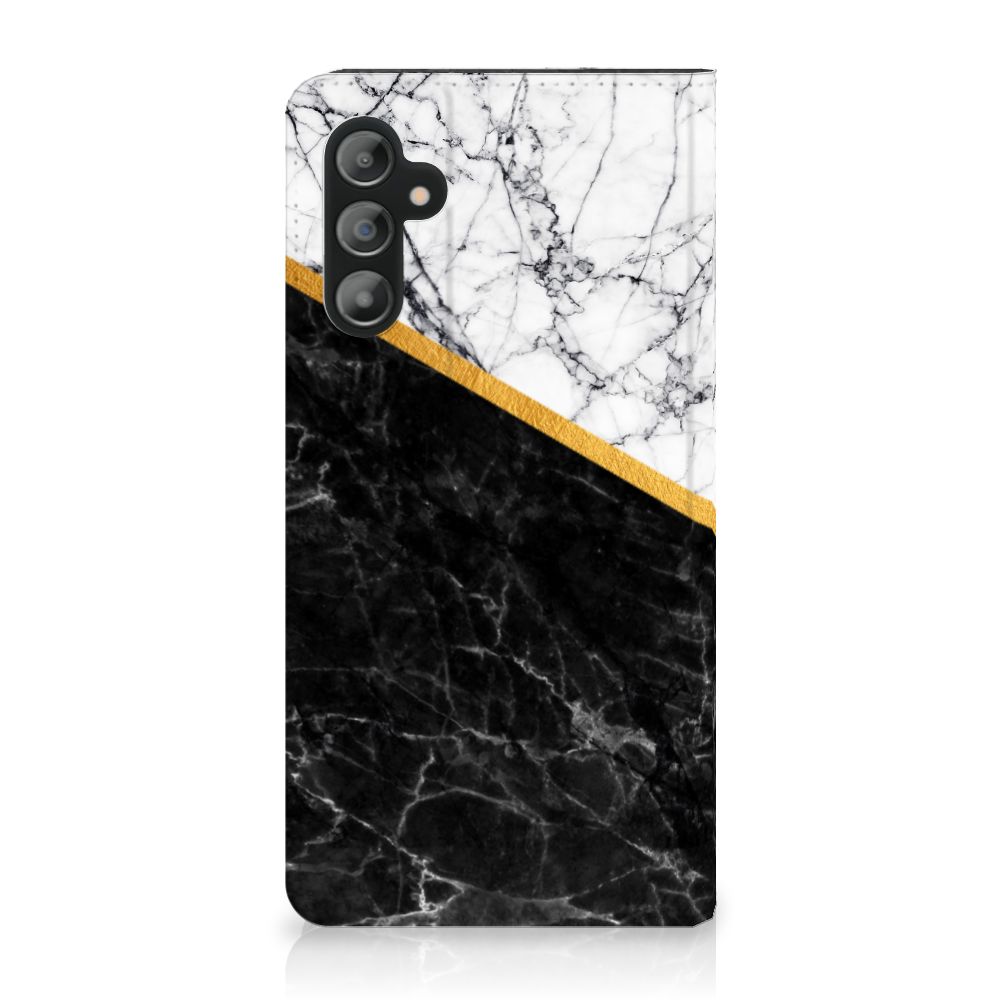 Samsung Galaxy A14 5G Standcase Marmer Wit Zwart - Origineel Cadeau Man met marmerdesign en gouden rand.