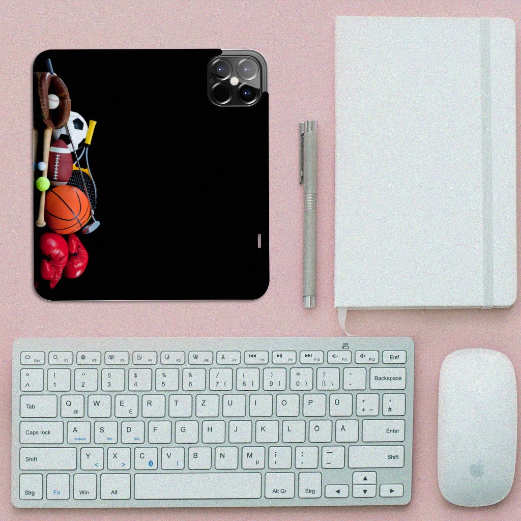 iPhone 12 Pro Max Hippe Standcase Sports design with various sports equipment and a stylish background.