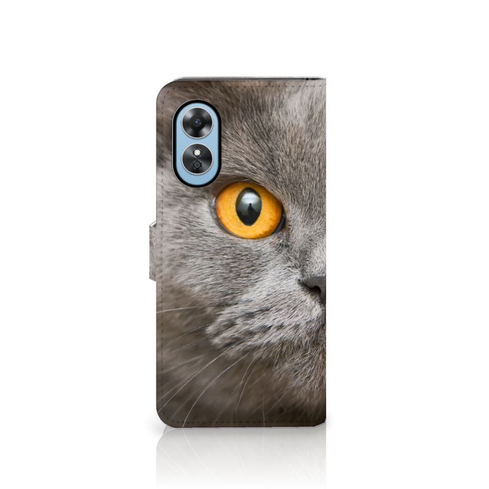 Telefoonhoesje met Pasjes OPPO A17 Britse Korthaar met indrukwekkende kat met gele ogen.
