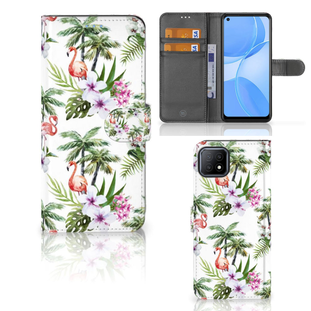 OPPO A73 5G Telefoonhoesje met Pasjes Flamingo Palms