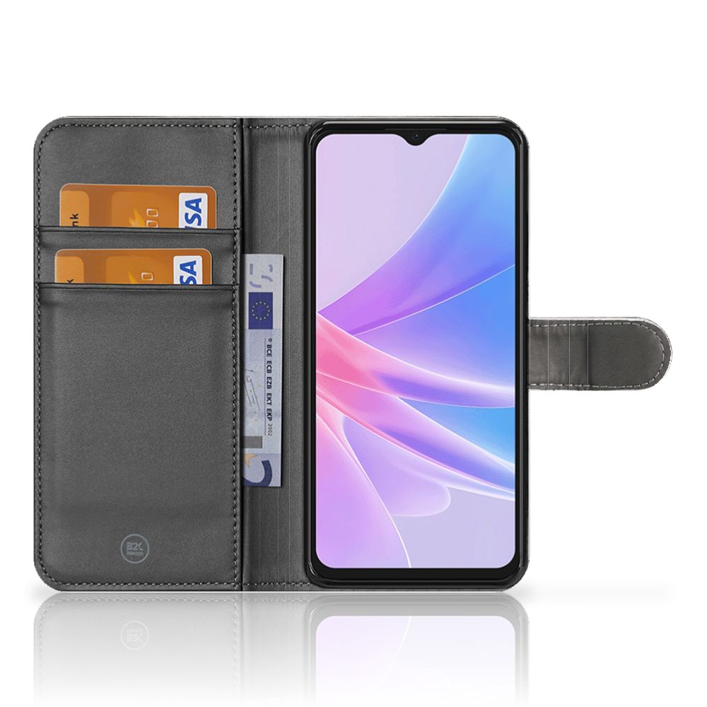 Telefoonhoesje met Pasjes OPPO A78 5G | A58 5G Britse Korthaar met ruimte voor pasjes en een smartphone.