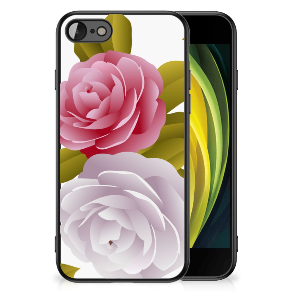 iPhone SE 2022 | SE 2020 | 7/8 Bloemen Hoesje Roses met roze en witte bloemen op een zwart telefoonhoesje