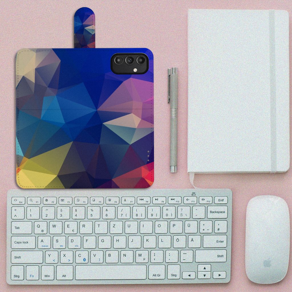 Samsung Galaxy A14 5G Book Case Polygon Dark design on a desk with keyboard and notebook.