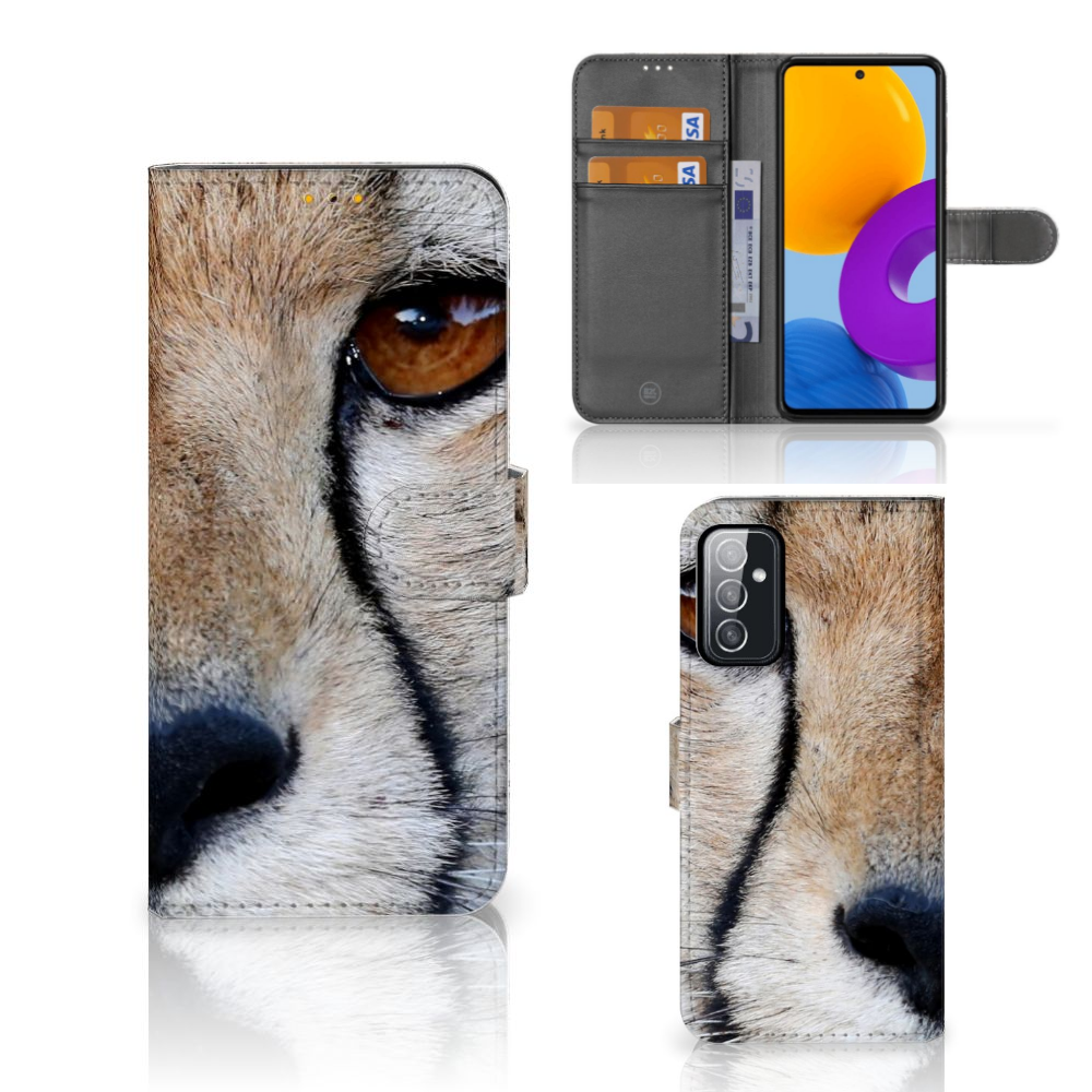 Samsung Galaxy M52 Telefoonhoesje met Pasjes Cheetah met close-up van cheeta oog en pasjesruimte
